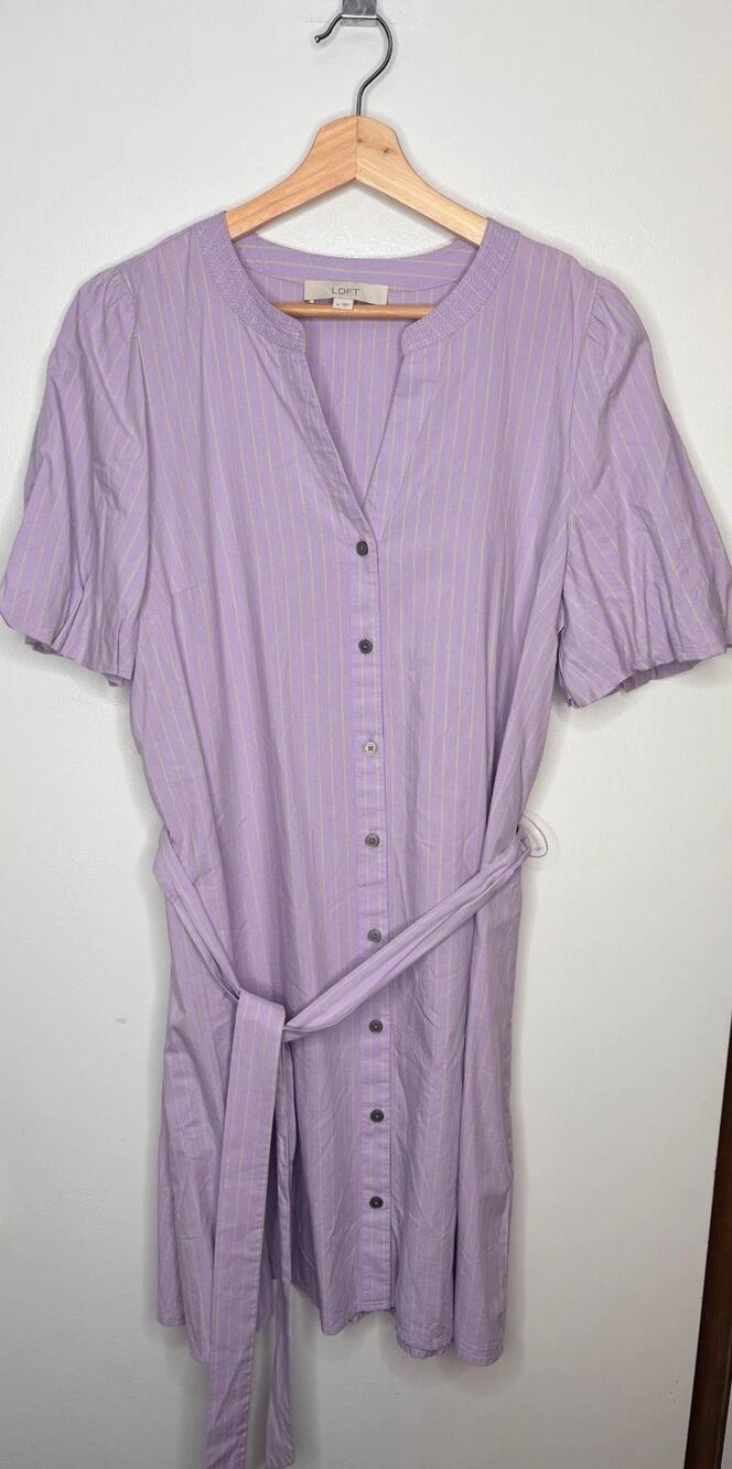 LOFT Women's Purple Striped Button Down Shirt Dress Size Medium
